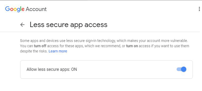 Allow Less Secure Apps in Google Account