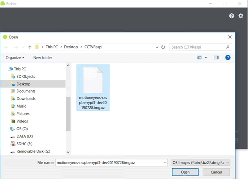 Burning the motionEyeOS in Raspberry Pi