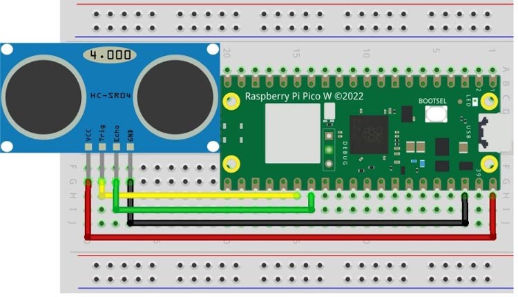 Circuit Diagram - Interfacing Ultrasonic Sensor with Raspberry Pi Pico W