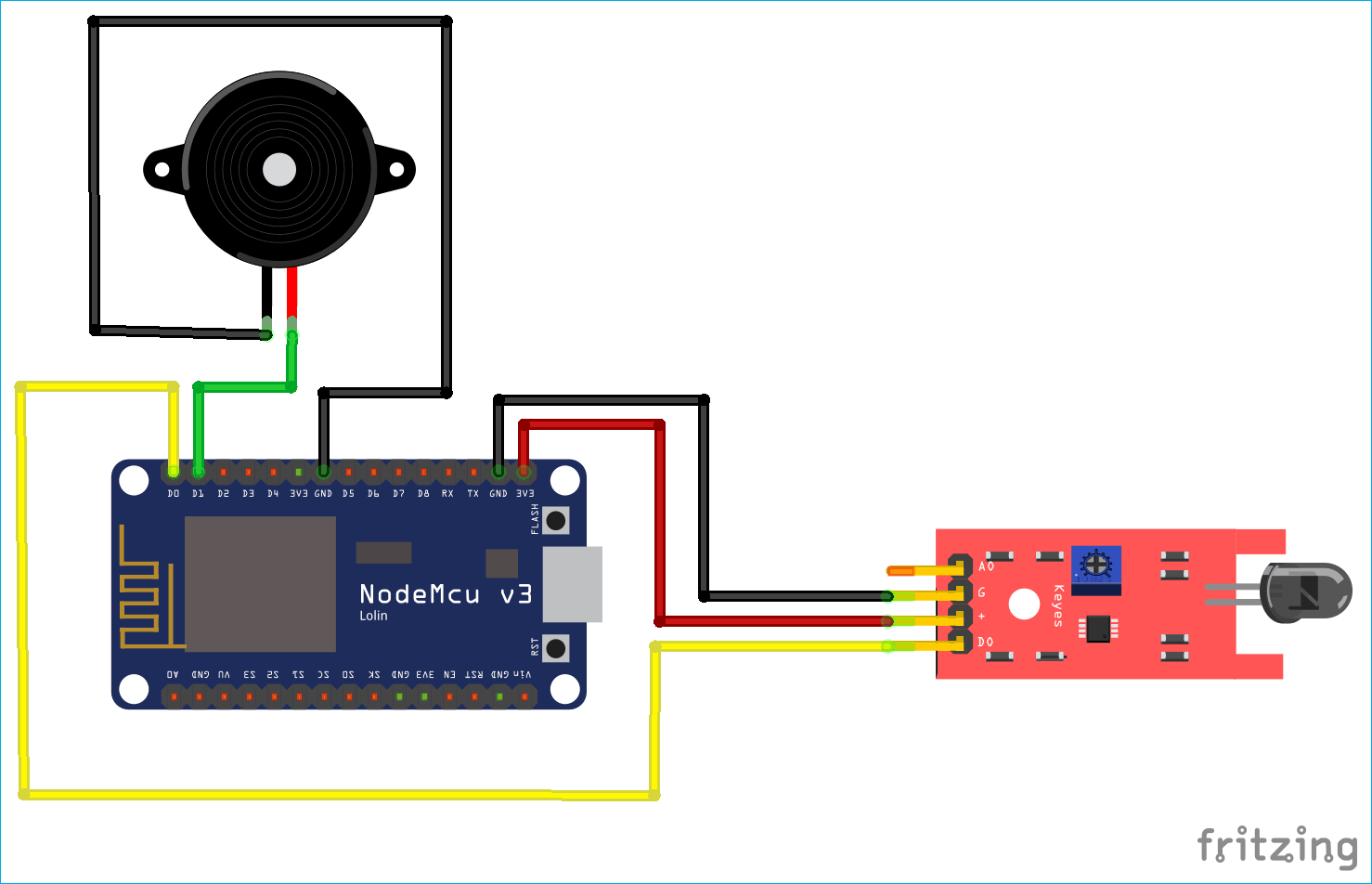 Circuit Diagram for IoT based Fire Alarm System using NodeMCU ESP8266