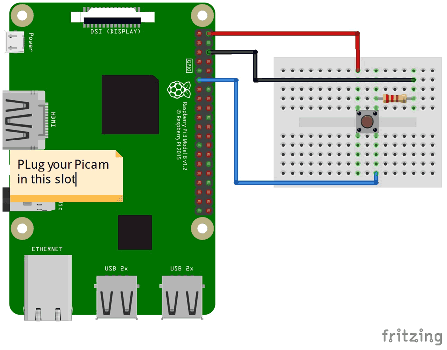 Circuit Diagram for IoT based Smart Wi-Fi doorbell using Raspberry Pi and PiCamera
