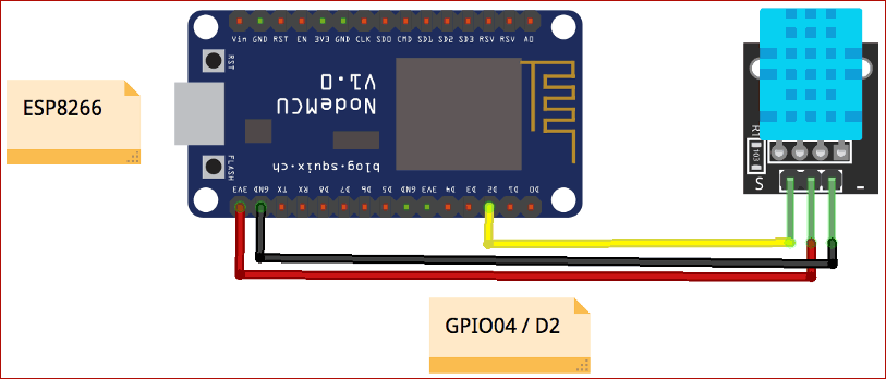 Circuit Diagram for IoT Temperature and Humidity Monitoring using BLYNK and DHT11 Sensor