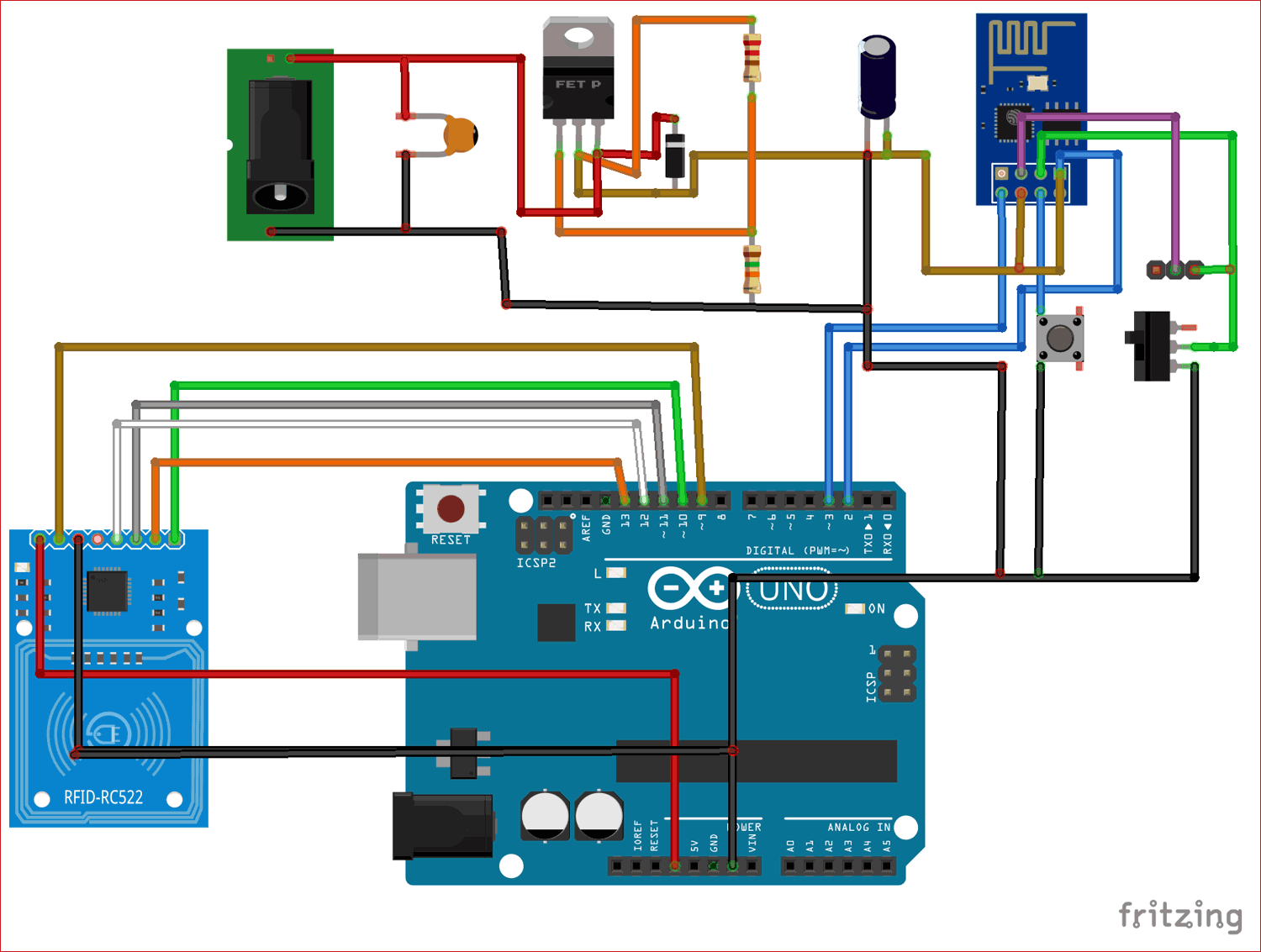 Circuit Diagram for RFID Based Attendance System using Arduino and Adafruit IO