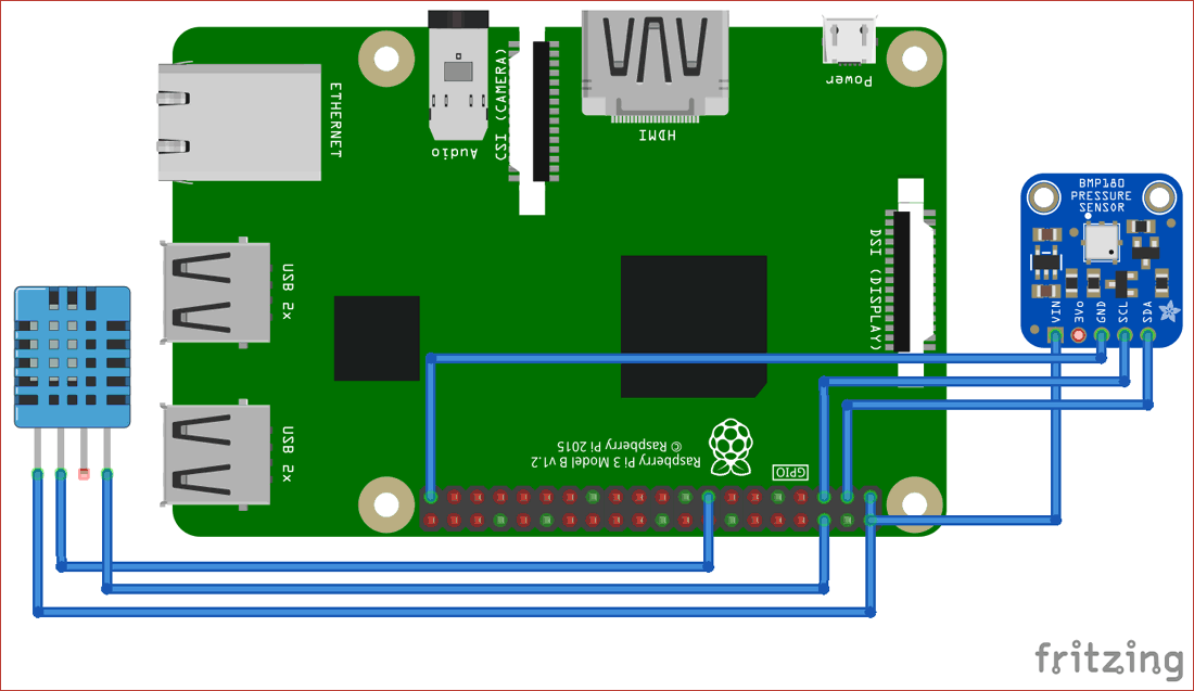 Circuit Diagram for Raspberry Pi Weather Station using DHT11 BMP180 and ThingSpeak
