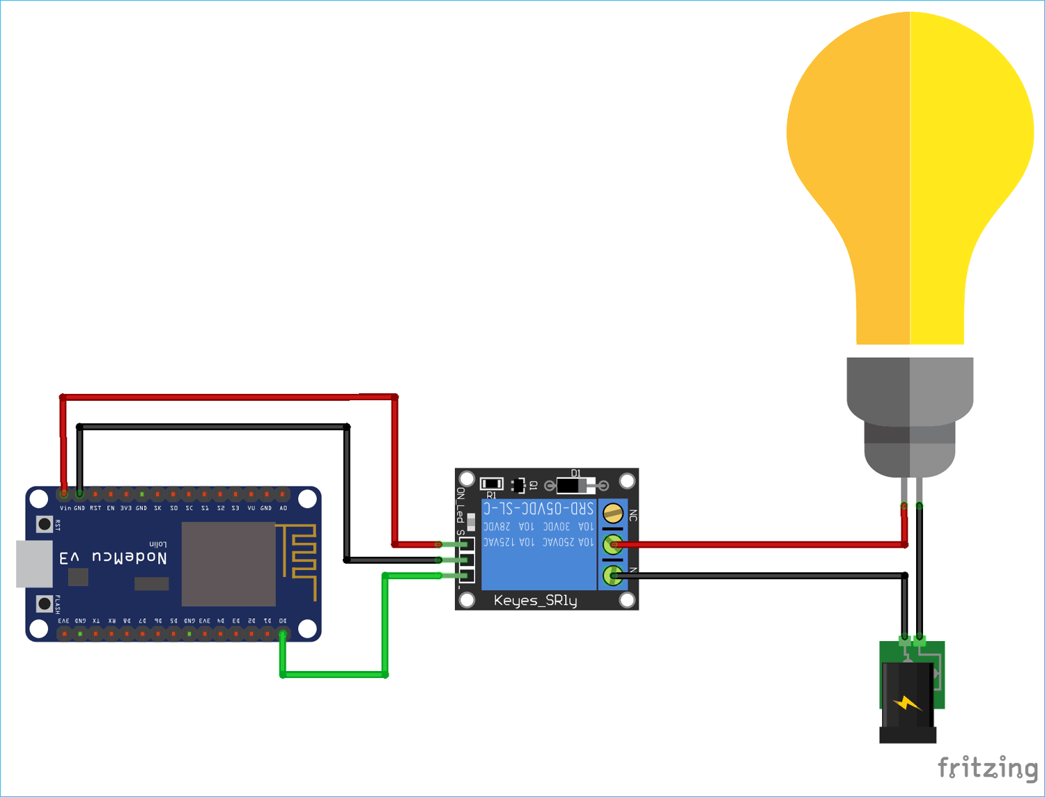 Circuit Diagram for Telegram Controlled Home Automation using NodeMCU ESP8266