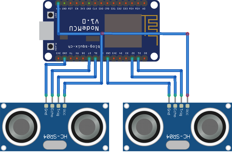 Circuit Diagram of IoT Inventory Management System using NodeMCU and Ultrasonic Sensor