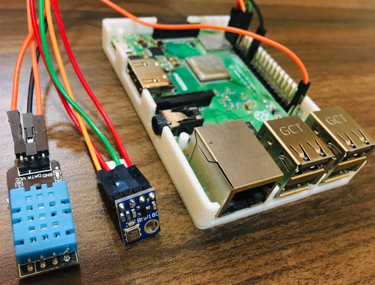 Circuit Hardware for Raspberry Pi Weather Station using DHT11 BMP180 and ThingSpeak