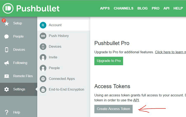 Create Access token in PushBullet Account
