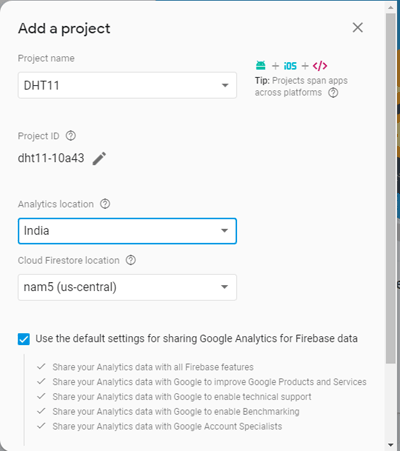 Create Project on Google Firebase for Data Monitoring