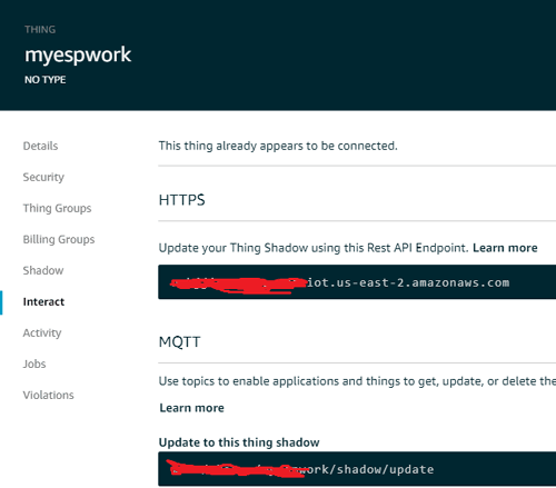 Details of Things on Amazon AWS IoT