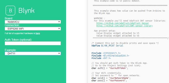 Example Code for Temperature and Humidity Monitoring using BLYNK and DHT11 Sensor
