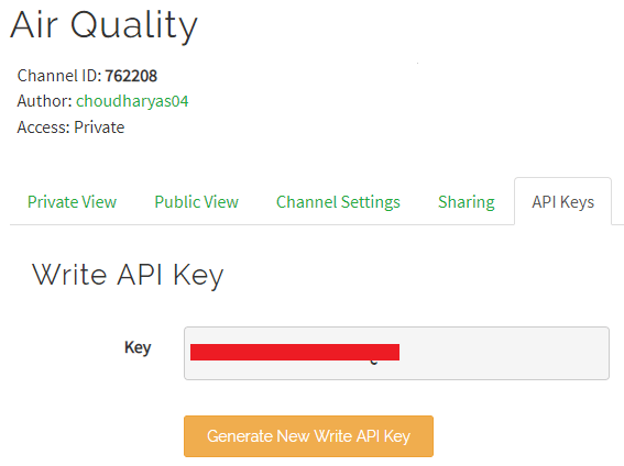 Generate API key for IoT Based Air Quality Monitoring System