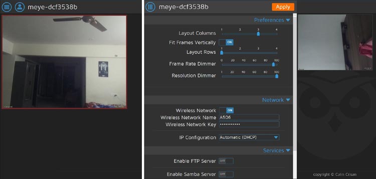 Homescreen of motioneyeOS