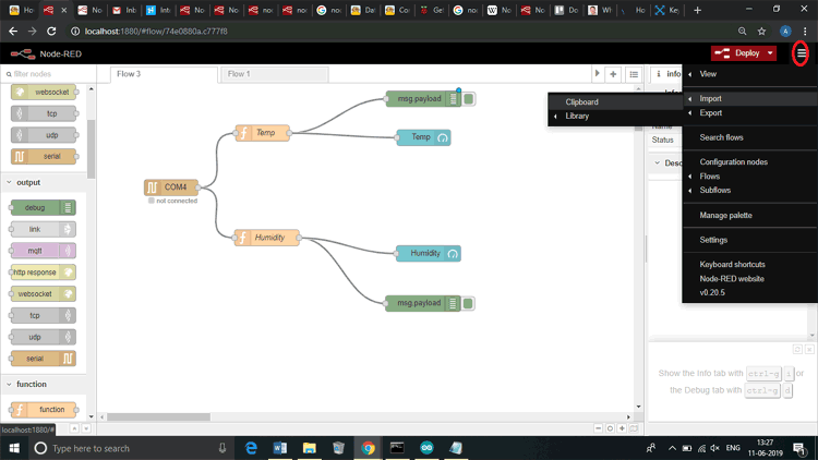Import Node-RED Flow for Monitoring the Temperature and Humidity