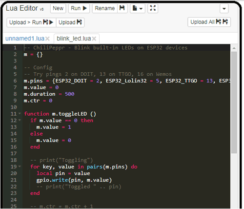  Lua Editor for Controlling LED using ChiliPeppr Web IDE