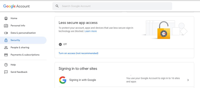 Modify Security Settings in Google Mail account