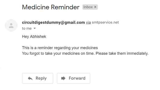 Sample mail sent by Medicine Reminder System