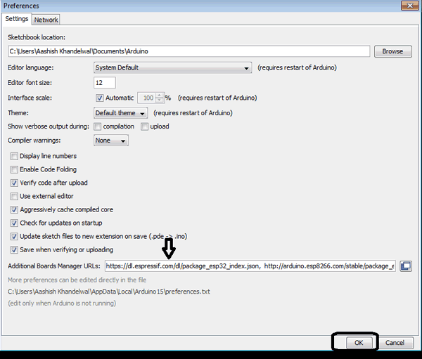 Setting Preference for Interfacing ESP32 with Arduino