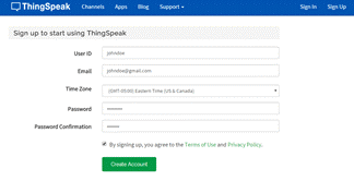 Sign up for ThingSpeak